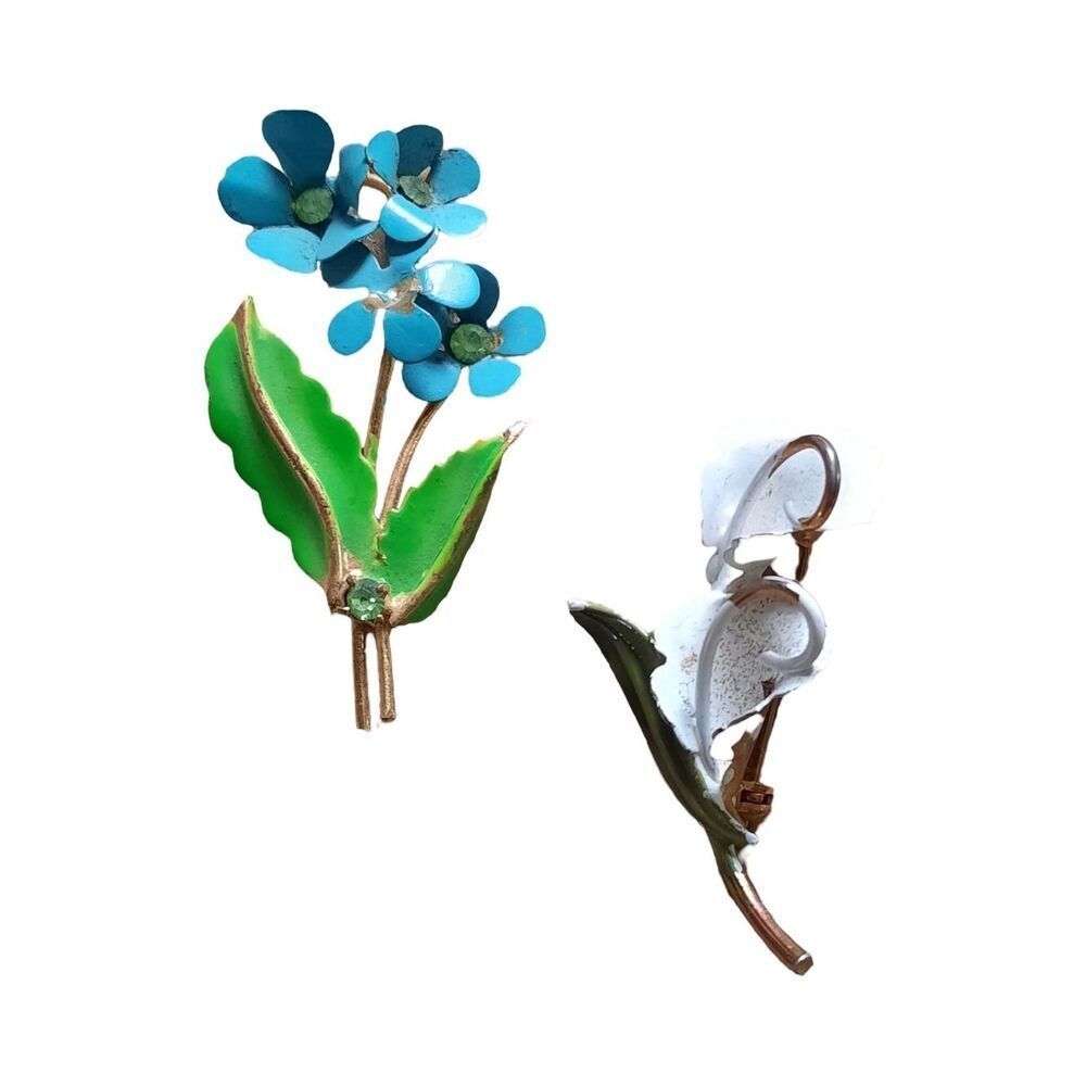 Blue Enamel Floral Brooch Set with Green Leaves